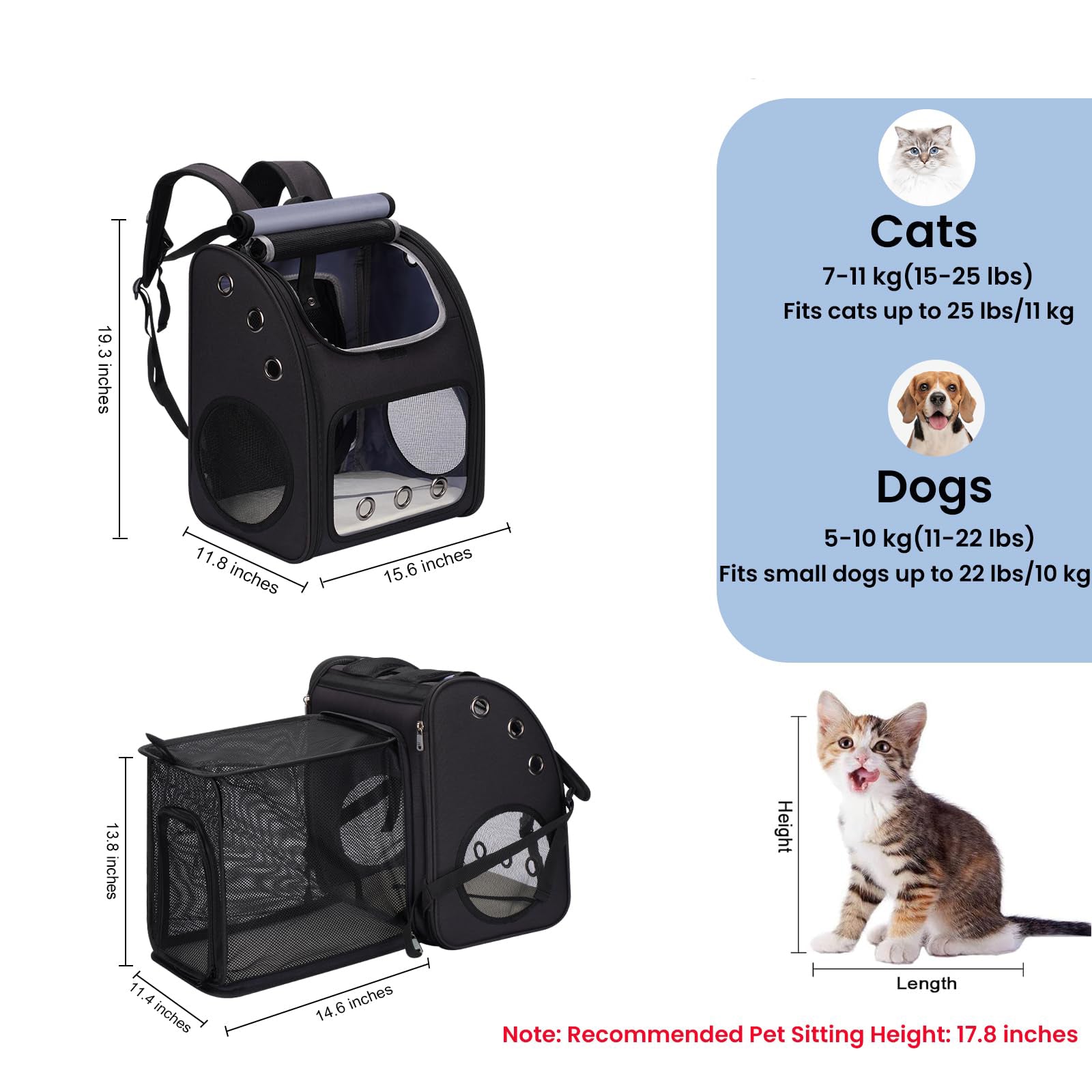 Expandable Cat Backpack Carrier with Large Space and Bubble Window for Travel